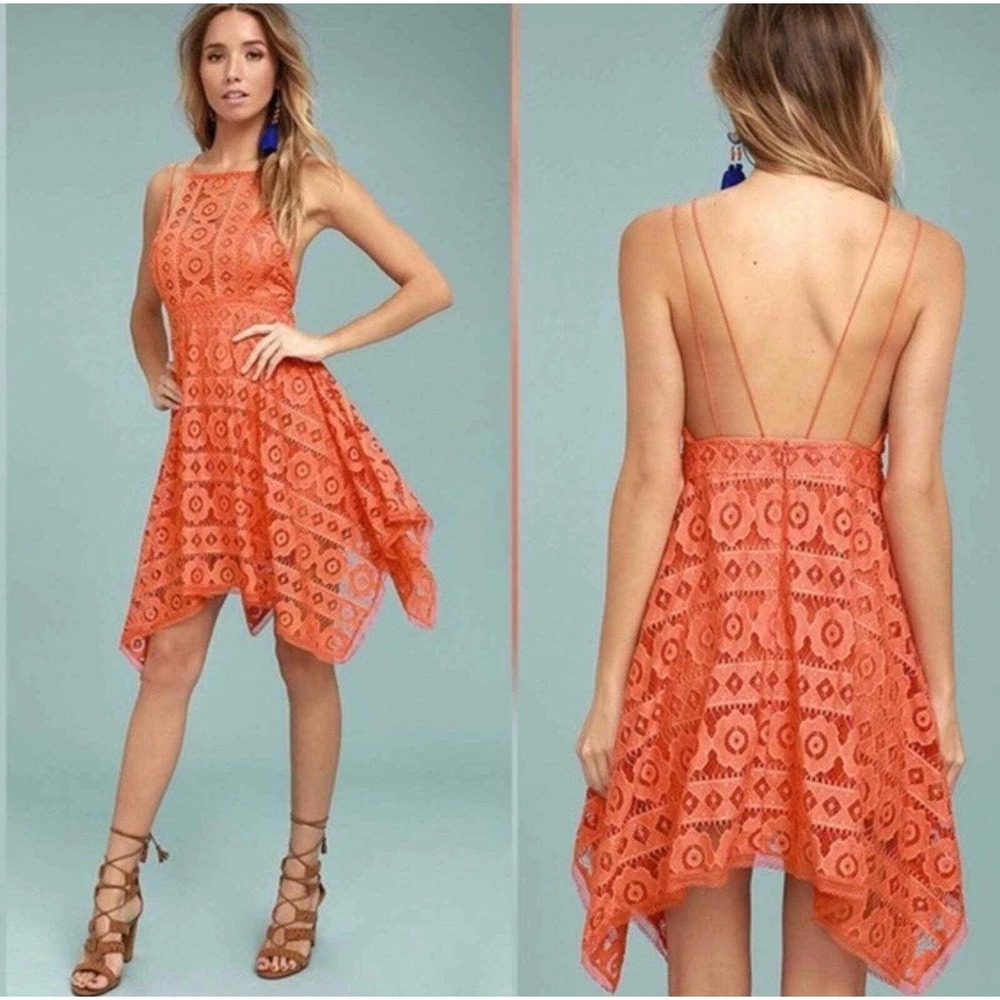 Free People Dress Sz 12 Orange Lace Handkerchief Hem Boho  Aso Jane the Virgin